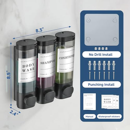 Shampoo and Conditioner Dispenser Shower Dispenser Body Wash Wall Mounted Shampoo Dispenser for Shower Wall No Drill for Bathroom Hotel 3 Chamber x 300ml Black with Waterproof Labels - color: Black 3