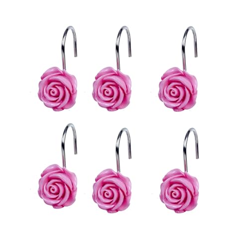 Twofish Home Pink Rose Flower Shower Curtain Hooks Anti Rust Shower Curtain Hooks Decorative Resin Pink Rose Flower Shower Curtain Rings Set of 12 - color: Pink Rose