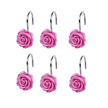 Twofish Home Pink Rose Flower Shower Curtain Hooks Anti Rust Shower Curtain Hooks Decorative Resin Pink Rose Flower Shower Curtain Rings Set of 12 - color: Pink Rose
