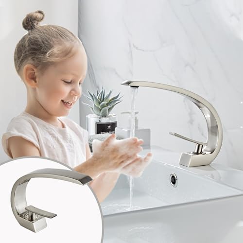 Brushed Nickel Bathroom Sink Faucet, Unique Design and Pop Up Drain - color: Brushed Nickel