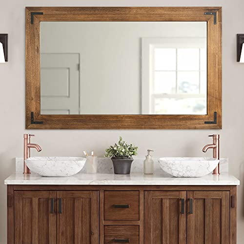 Rustic Wooden Framed Wall Mirror, Natural Wood Bathroom Vanity Mirror for Farmhouse Decor, Vertical or Horizontal Hanging (40" x 26", Brown) - color: Brown, size: 40"L x 26"W