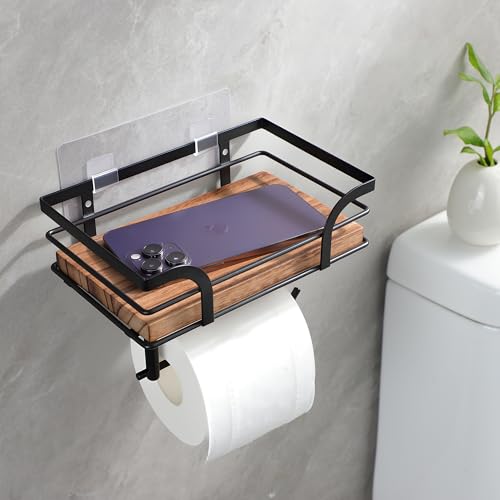 YIGII Rustic Farmhouse Toilet Paper Holder with Shelf - Wooden Tissue Paper Roll Holder, Bathroom Wall Mounted Toilet Paper Roll Holder with Wipes Storage, Black Metal - color: Matte Black+brown