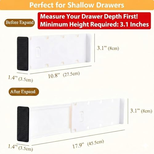 Adjustable Drawer Dividers, 3.1" High, 10.8-17.9", 6 Pack | Expandable organizer with non-slip locking mechanism & foam pads. Fits baby nursery, bathroom vanity & desk drawers.