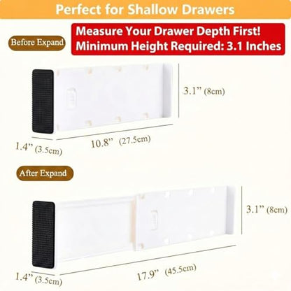 Adjustable Drawer Dividers, 3.1" High, 10.8-17.9", 6 Pack | Expandable organizer with non-slip locking mechanism & foam pads. Fits baby nursery, bathroom vanity & desk drawers.