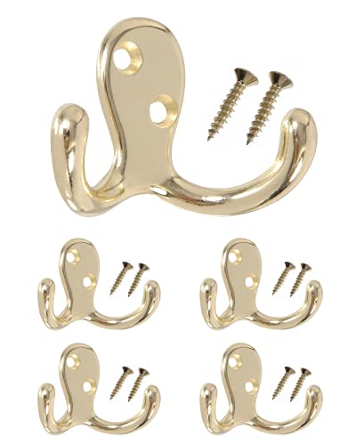 Brass Double Robe Hook 5 Pack with Screws Towel Coat Hat - color: Brass