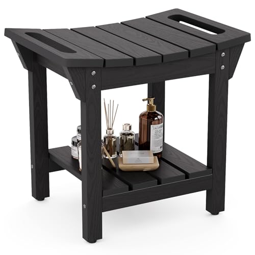 Waterproof Shower Bench, Poly Lumber Shower Stool for Shaving Legs | Shower Chair Seat with Storage Shelf and Handles, Bathroom Bench for Inside Shower, Non-Slip (Black) - color: Black, size: 18.6" Bench