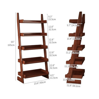 5 Tier Ladder Shelf, Leaning Bookshelf with Wood Frame, 5 Shelf Tall Bookcase Standing Storage Organizer Solid Wood Storage Shelves for Living Room, Bedroom, Home Office (Walnut)