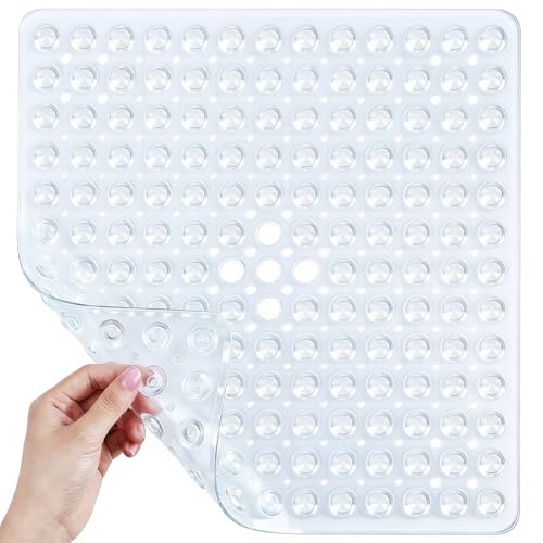 21 x 21 Inch Shower Stall Mat Non Slip, Square Bath Mat for Stand Up Showers with Suction Cups and Drainage Holes, Machine Washable, Clear