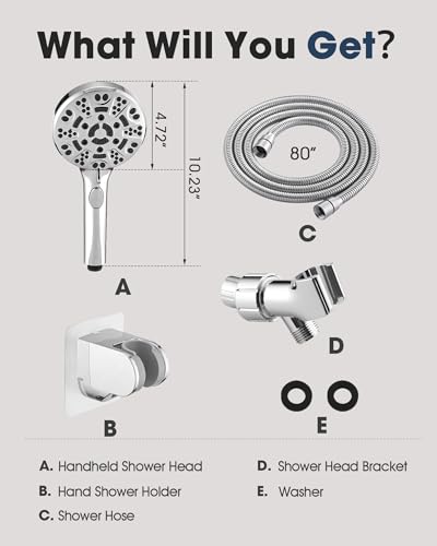 Handheld Shower Head with 6.56ft Extra Long Hose, On Off Switch 8-Seting High Preesure Hand Held Showerhead, Low-Reach Adhesive Holder for Kid, Disable& Elder (Chrome) - color: Chrome