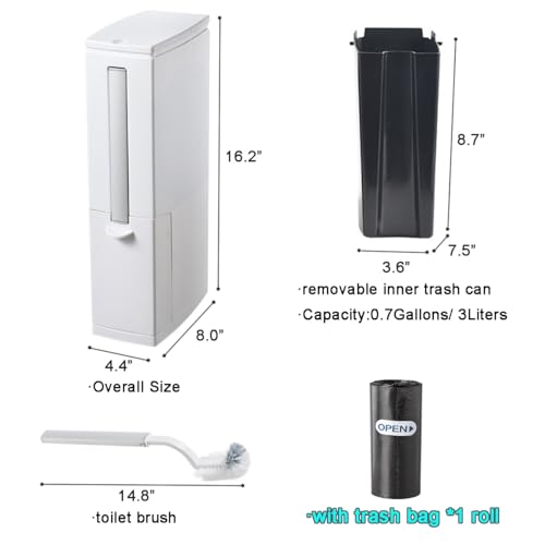 Slim Bathroom Trash Cans with Lid 4.4 Inches Wide/0.7 Gallons(3 Liters),Small Narrow Lidded Bathroom Trash Can with Toilet Brush for RV Camper,Tiny Garbage Can Rv Accessories for Inside(White) - color: White