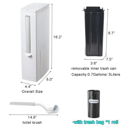 Slim Bathroom Trash Cans with Lid 4.4 Inches Wide/0.7 Gallons(3 Liters),Small Narrow Lidded Bathroom Trash Can with Toilet Brush for RV Camper,Tiny Garbage Can Rv Accessories for Inside(White) - color: White