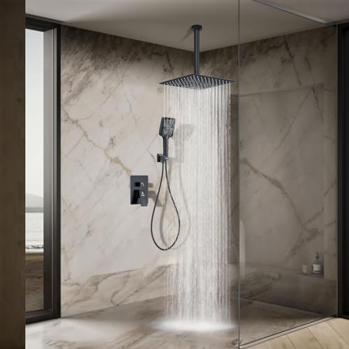 Rain Shower System 12IN Modern Brass Faucet Set With Valve and Diverter Shower Mixer With Handheld High Pressure Square Rainfall Shower Valve (12'' Ceiling Mount, Matte Black) - color: Matte Black, style: 12'' Ceiling Mount
