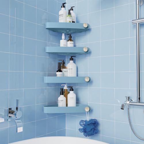 Plastic Shower Caddy Corner (for 90° Only), 4 Pack, Light Blue | Adhesive Corner Shower Shelves for Bathroom Organizers and Storage, Bathroom Decor, No Drill, Rust Free - color: Light Blue, size: 4 Pack