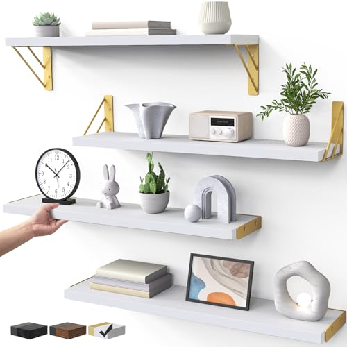 BAYKA Wall Shelves for Bedroom Decor, Floating Wall Shelf for Living Room Kitchen Storage, Mounted Rustic Wood Shelves for Kids Books, Corner Shelf for Bathroom(White and Gold，23in，Set of 4) - color: B. White Board & Gold Brackets, size: 23-inch