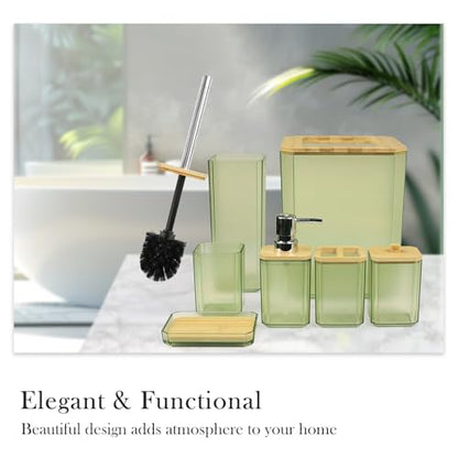 CERBIOR Bamboo Bathroom Accessories Set 7 Piece Bath Ensemble,Green | Includes Soap Dispenser, Toothbrush Holder, Toothbrush Cup, Soap Dish for Decorative Countertop and Housewarming Gift - style: Green