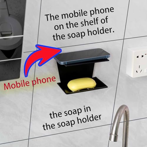 1 Self-Adhesive Multifunctional Draining Soap Dish (Soap Holder) with Shelf Used in Shower,Bathroom,Kitchen,Bath and Toilet.Installing Without Drilling Hole (1, General Black, A Szie)