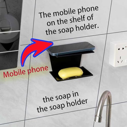 1 Self-Adhesive Multifunctional Draining Soap Dish (Soap Holder) with Shelf Used in Shower,Bathroom,Kitchen,Bath and Toilet.Installing Without Drilling Hole (1, General Black, A Szie)