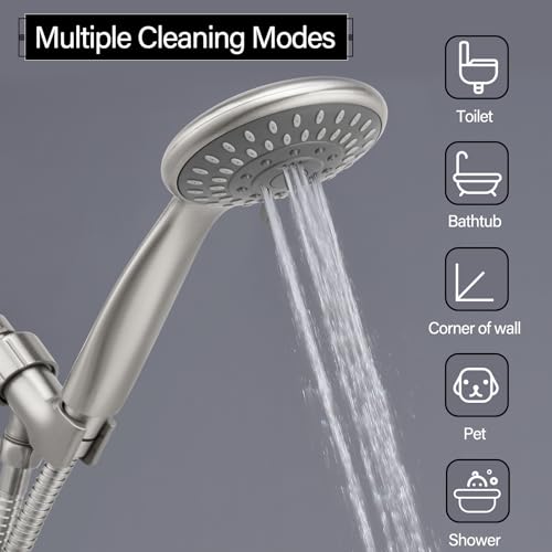 Handheld Shower Head High Pressure 5-Settings with Hose, Matte Black | Powerful Water Spray, Against Low Pressure Water Flow, 59 Inch Stainless Hose, Adjustable Mount - color: Brushed Nickel