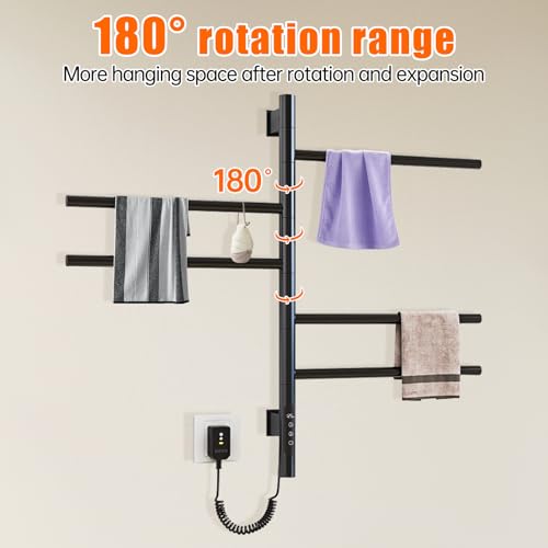 Heated Towel Racks for Bathroom, 180° Swivel Electric Towel Warmer Rack with Touch Panel, Multi-Level Timer & Temperature Adjustments, Wall Mounted 5 Bars Hot Towel Rack (Black-01) - color: Black, size: G63