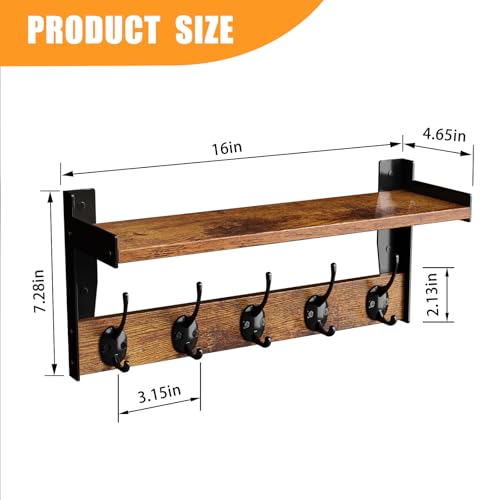 Wall Hooks with Shelf, Wood Coat Rack with Shelf Wall-Mounted, Entryway Hanging Shelves with 5 Metal Hooks for Clothes Hats Towel Purse Robes, Bathroom Mudroom Bedroom, Rustic Brown - size: 16 inch Long