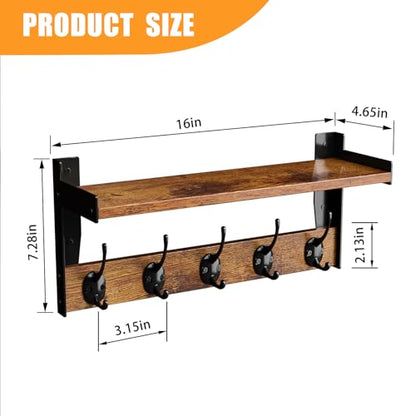 Wall Hooks with Shelf, Wood Coat Rack with Shelf Wall-Mounted, Entryway Hanging Shelves with 5 Metal Hooks for Clothes Hats Towel Purse Robes, Bathroom Mudroom Bedroom, Rustic Brown - size: 16 inch Long