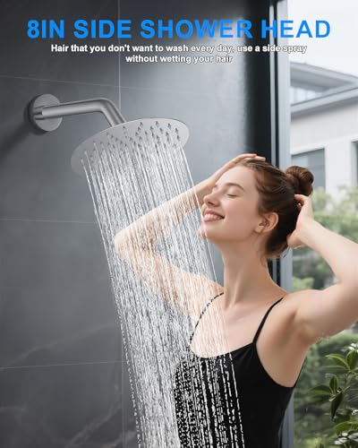 Shower System with Pressure Balance Valve, 10" Ceiling Mount Shower Faucet Set with 2 Rain Shower Head And Multi-function Handheld Head Push Button Diverter Pressure Balancing Valve Kit, Chrome - color: Chrome Polished, style: 10"-Round