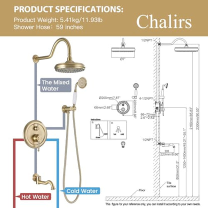 Rainfall Shower System with Handheld Sprayer,Brushed Gold Antique Shower Faucet Sets,Shower Fixture Combo with Brass Pressure Balance Valve,Complete Shower System Kit with Foldable Tub Spout - color: Brushed Gold