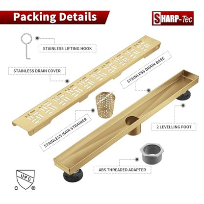 Sharp-tec Shower Drain, 36 inch Linear Shower Drain, Brushed 304 Stainless Steel Rectangular Shower Floor Drain with Adjustable Leveling Feet, Hair Strainer, cUPC Certified, ST-092-36G - color: Gold, size: 36 inch