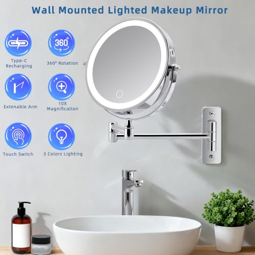Wall Mounted Lighted Makeup Mirror, 8" Rechargeable Double Sided 1X/10X Magnifying Mirror with Light, 3 Color Lights, Touch Dimmable, Extendable Arm 360° Rotation, Chrome, Bathroom Vanity Mirror