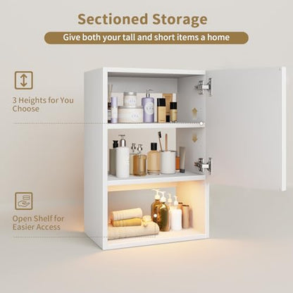 Wall Mounted Storage Cabinet with LED Light, Bathroom Over Toilet Organizer | White Waterproof Cabinets With Adjustable Shelves, Soft Close, For Bathroom Kitchen Medicine Small Spaces, Easy to Assemble - color: White