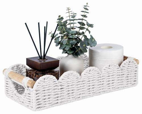 CubesLand Bathroom Basket Organizer, Toilet Tank Basket W/Cut Out Handle | Wicker Toilet Paper Storage Basket Tray, Scalloped Basket for Bathroom Countertop Decorative Also for Home Decor, White - color: White, size: 14.96" (L) x 6.3" (W) x 3.54" (H)