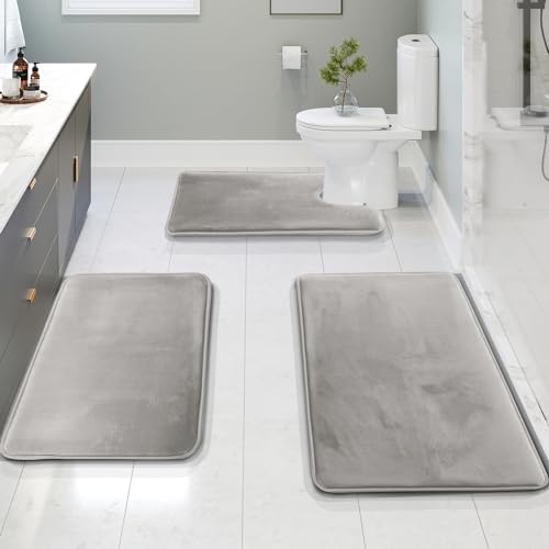 Clara Clark 3 Piece Bathroom Rugs Bath Mat Set, Velvet Memory Foam Bath Mats for Bathroom - Non-Slip, PVC Backing Bath Rugs, Washable - Dries Quickly, Silver - color: Silver