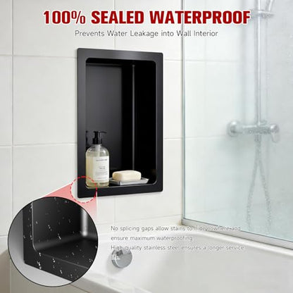 VELPAX No Tile Needed Shower Niche 13"X 19", Bathroom Wall Niche Single Shelf, Stainless Steel Shower Niche for Bathroom, Kitchens, Balconies - color: Black, size: 13"X 19" Single Shelf