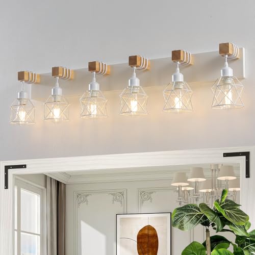 Farmhouse Vanity Light Fixture,6-Light Bathroom Lighting,White Modern Wood Wall Light Over Mirror with Metal Shade,LED Bulbs Not Included - color: White, size: 6-Light-Wide 44"