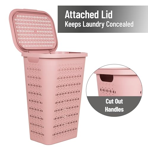 Mind Reader Slim Tapered Laundry Hampers with Lid, Clothes Basket with Swiss Cross Cut-Outs, Lightweight & Ventilated, Plastic, Set of 2, Pink - color: Pink