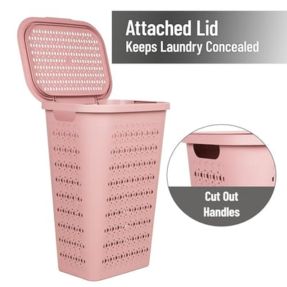 Mind Reader Slim Tapered Laundry Hampers with Lid, Clothes Basket with Swiss Cross Cut-Outs, Lightweight & Ventilated, Plastic, Set of 2, Pink - color: Pink
