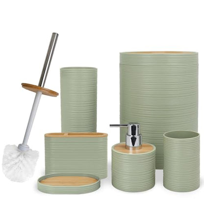 CERBIOR Bamboo Bathroom Accessories Set 6 Piece Spiral Bath Ensemble,Green | Includes Soap Dispenser, Toothbrush Holder, Toothbrush Cup, Soap Dish for Decorative Countertop and Housewarming Gift - style: Green