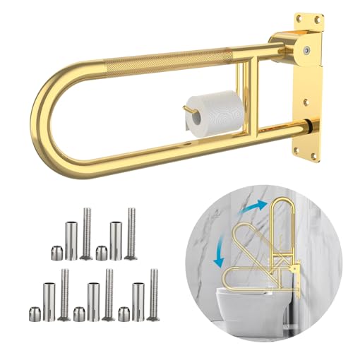 Toilet Grab Bar 24 Inch Gold, Munzong Anti-Slip Handicap Grab Bars with Paper Holder, Flip-Up Bathroom Safety Rails, Stainless Steel Knurled Support handrails for Seniors Elderly Disabled Pregnant - color: Gold, size: 24 Inch
