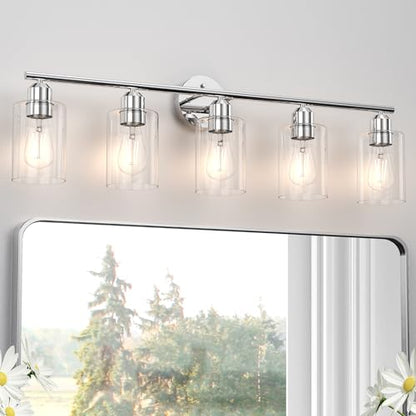 Bathroom Vanity Light Fixtures Polished Chrome Bathroom Lighting Fixture, 5 Lights Bathroom Light Fixture Over Mirror, Modern Black Vanity Light, Wall Sconces with Glass Shades - color: Polished Chrome, size: 5 Lights
