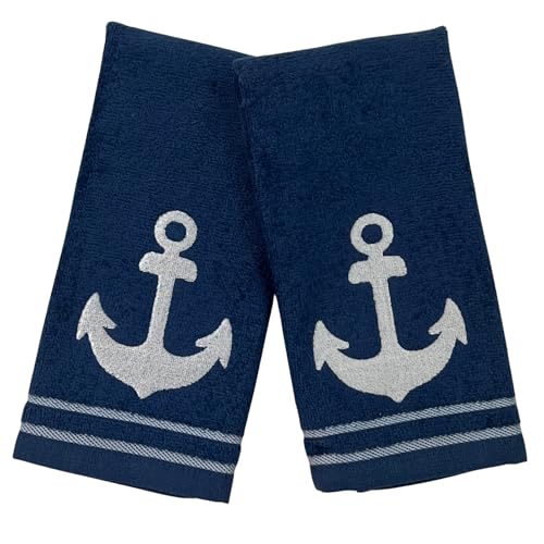 Serafina Home Coastal Bathroom Fingertip Towels – Set of 2 Navy Blue 100% Cotton Embroidered Anchor Design – 12 x 18” Bath & Kitchen Décor - color: Navy Anchor