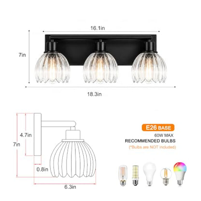Black Bathroom Vanity Light Over Mirror, 3 Light Vanity Light Fixture with Clear Fluted Glass Shades, 18.3 Inch Wall Mount Bathroom Lighting Fixture, E26 Base