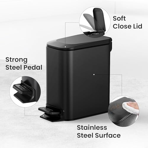 Cesun Small Bathroom Trash Can with Lid, 1.6 Gal, Soft Close, Matte Black | Step pedal soft close, Slim 5.9in fits narrow spaces, Stainless steel, Anti-fingerprint, Removable inner bucket, Odor seal - color: Matte Black