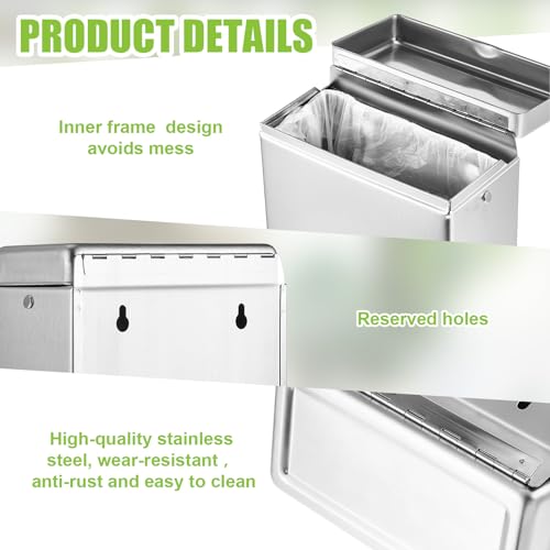 Tioncy 1 Pcs Sanitary Disposal Tampon Napkin Bathroom Receptacle Wall Mounted with Sanitary Receptacle Liner Frame Holder Stainless Steel Mini Bin Restroom Commercial Small Space (Natural Color)