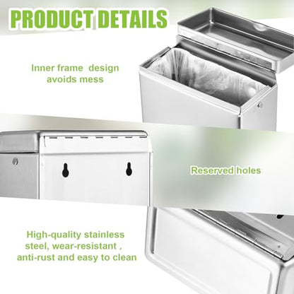 Tioncy 1 Pcs Sanitary Disposal Tampon Napkin Bathroom Receptacle Wall Mounted with Sanitary Receptacle Liner Frame Holder Stainless Steel Mini Bin Restroom Commercial Small Space (Natural Color)