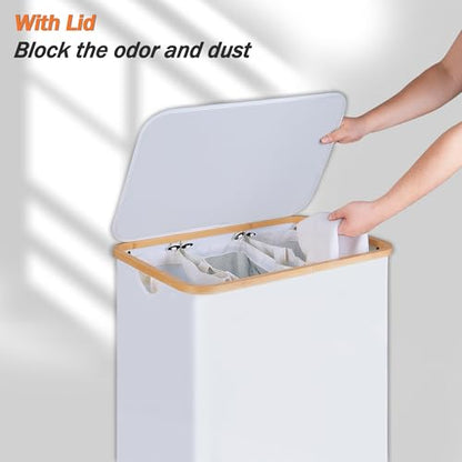 efluky Laundry Hamper with Lid, Trio Laundry Basket with 2 Removable Bags, 3 Section Laundry Bin with Bamboo Handles for Bathroom, Bedroom & Laundry Room, 160L (42.3 Gallon) White - color: White, size: 160L Trio