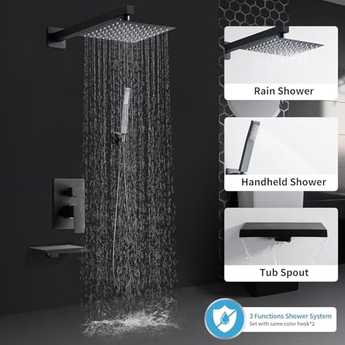 Matte Black Shower Faucet 12 Inch Set with Tub Spout | Shower Head and Handle with 2 Hooks Rain System Square Wall Mount for Bathroom - color: Matte Black, style: 12 Inch