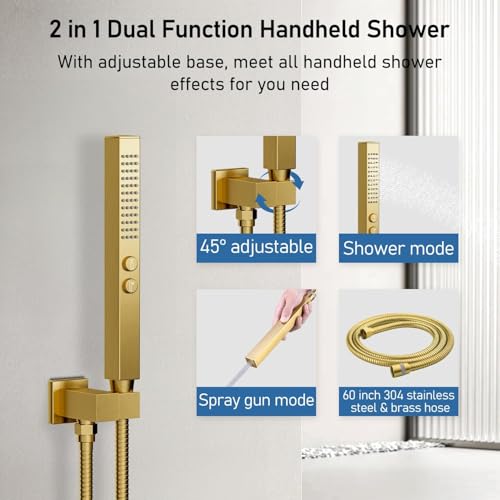 Brushed Gold Shower System, STARBATH Ceiling Mounted 12+6 Inch Rainfall Shower Head with 2 in 1 High Pressure Handhled, Can Use All at Once, Push Button Diverter Thermostatic Valve with Trim Kit - color: Brushed Gold, size: 6+12 inch-06