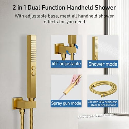 Brushed Gold Shower System, STARBATH Ceiling Mounted 12+6 Inch Rainfall Shower Head with 2 in 1 High Pressure Handhled, Can Use All at Once, Push Button Diverter Thermostatic Valve with Trim Kit - color: Brushed Gold, size: 6+12 inch-06