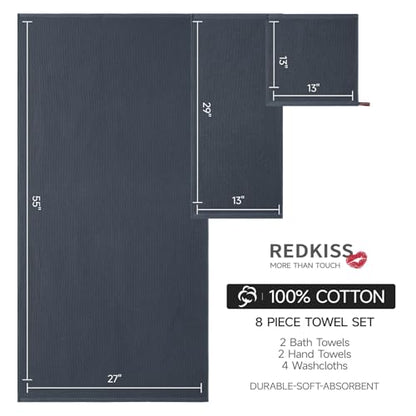 REDKISS Quick Dry Waffle Towel Set of 8, 100% Cotton,Lightweight & Highly Absorbent Waffle Towels for Bathroom, Spa, Gym, Pool-2 Bath Towels, 2 Hand Towels & 4 Washcloths,Dark Gray - color: Dark Gray
