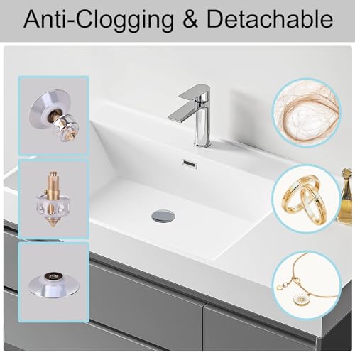 Bathroom Sink Drain with Overflow, Upgrade Big Cap Pop up Sink Drain Stopper with Basket Hair Catcher, Anti-Clog, Sink Drain Strainer Made of Brass and Stainless Steel, Chrome